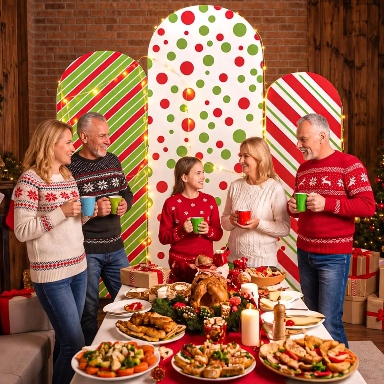 Custom 2-sided Christmas Arch Backdrop Covers Xmas Holiday Party Supplies Candy Cane Stripes Red Green Dot Photo Background