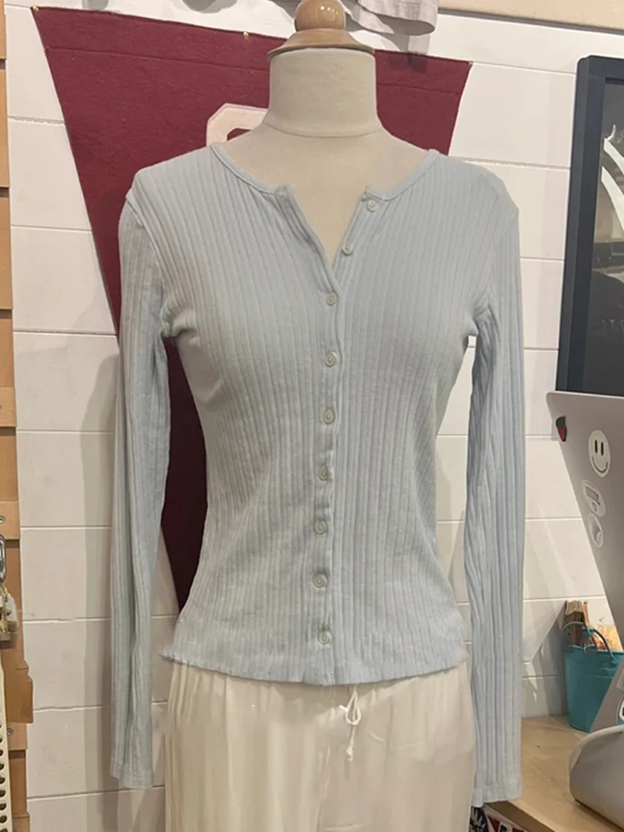 

Light Blue Eyelet Knitted Long Sleeve T-shirt Cardigan Woman O-neck Single Breasted Slim Tshirt Sweet Simple Cotton Tee Tops New