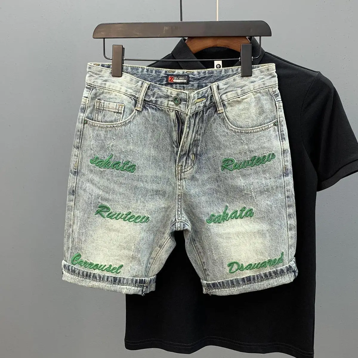 Trendy Brand Green Letter Embroidered Slim Denim Shorts for Boys 2025 Summer New Half Pants Streetwear Jorts Cowboy Shorts Man