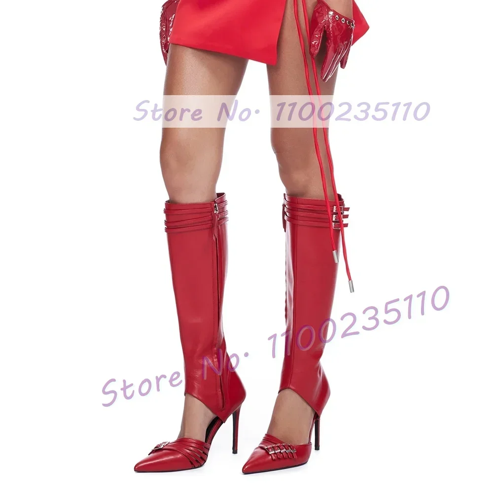 Red Multi Belt Buckles Cutout Knee High Boots Women Chic Gladiator Pointed Toe Sandal Boots Ladies Summer Sexy Puttee Heel Shoes