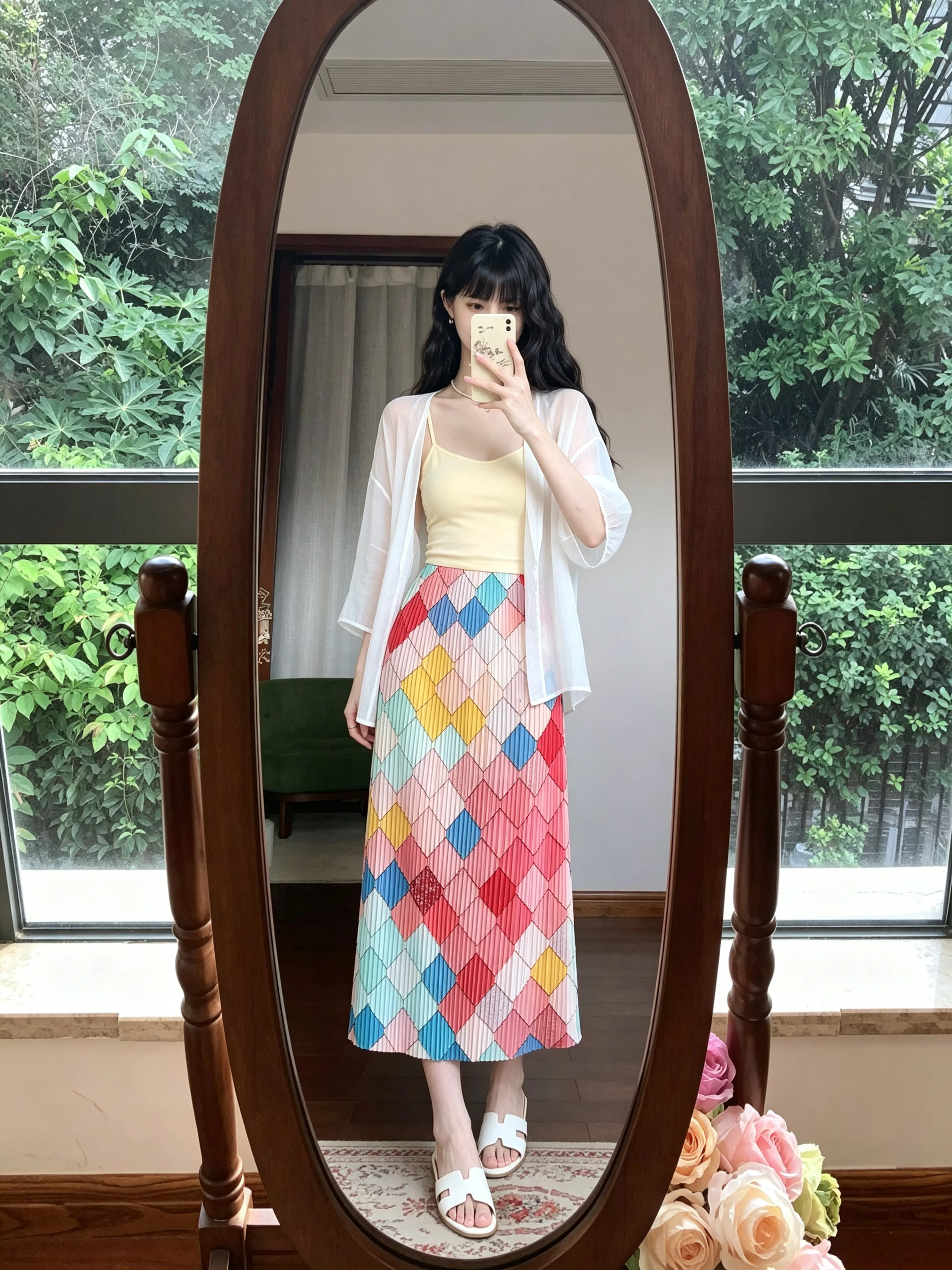 Dopamine Folded Rainbow Ice Silk Plaid  Skirt Women Summer Lazy Beach Vacation One-Piece Skirt High Waist A-Line Skirt