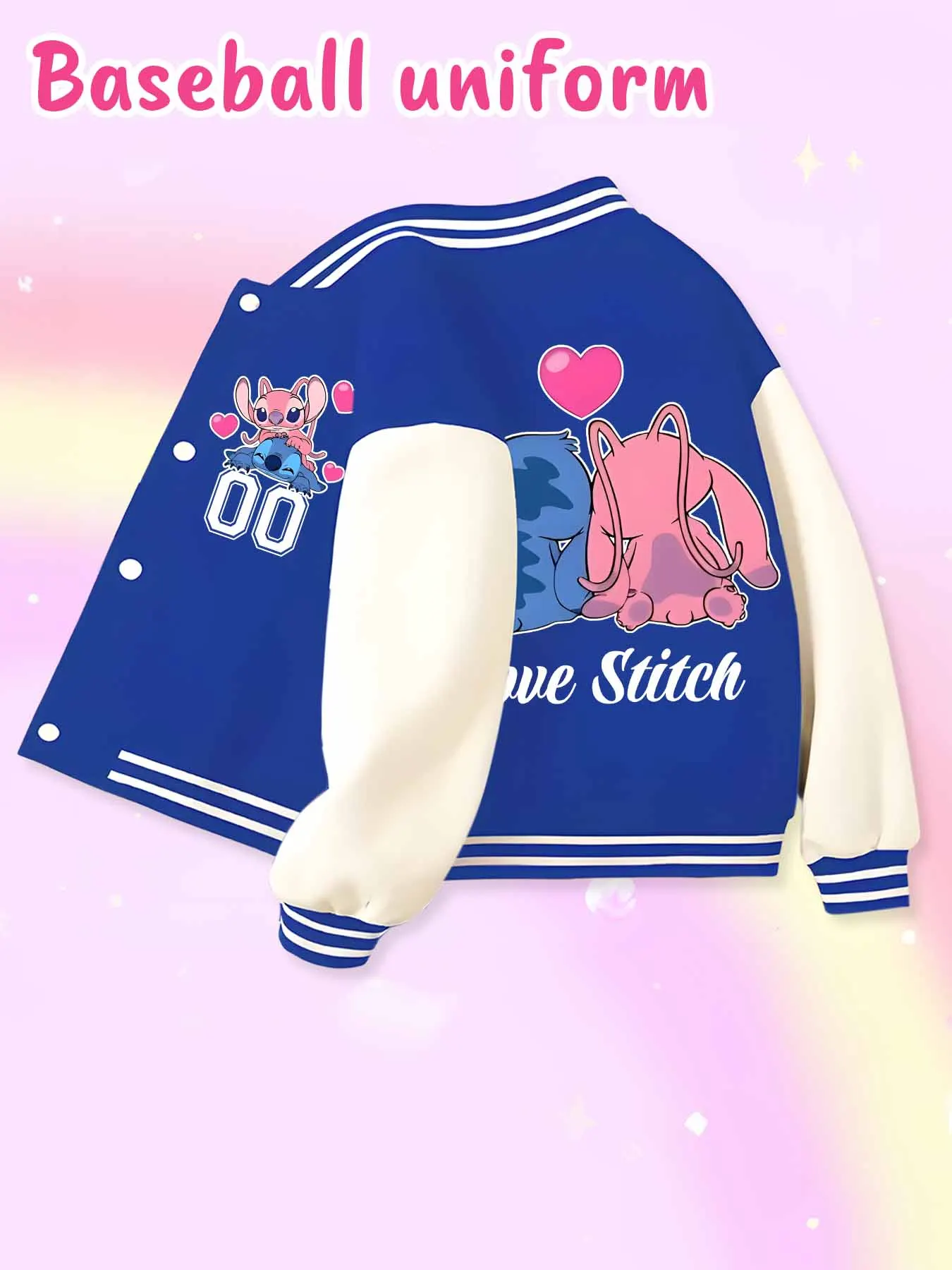 Jaqueta de beisebol tendência da moda Disney, adequada para esportes diários e roupas casuais, impressa com lindo padrão Stitch, belo presente.