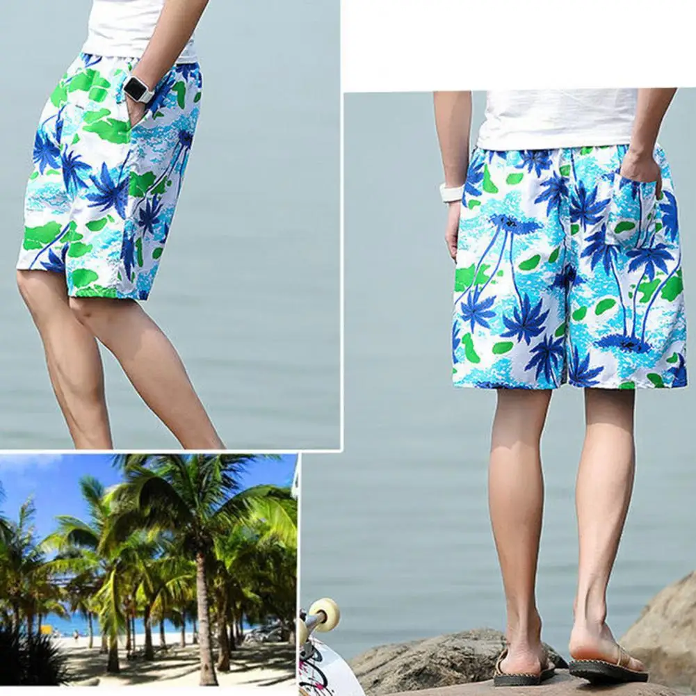 

Wide Leg Seaside Shorts Men's Tropical Tree Printed Elastic Waist Beach Shorts for Seaside Adventures Quick Drying Wide Leg