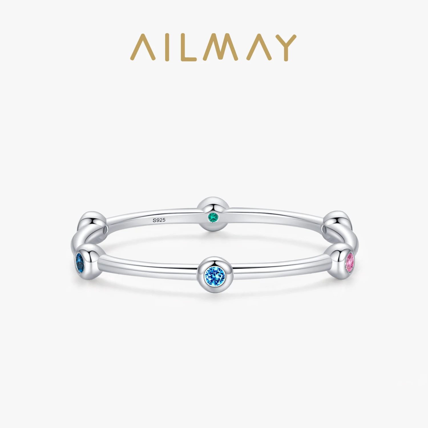 Ailmay-925 Sterling Silver Platinum Plated Anéis Finos para As Mulheres, Dazzling Rainbow, CZ Bandas Empilháveis, Presente Da Jóia Do Casamento