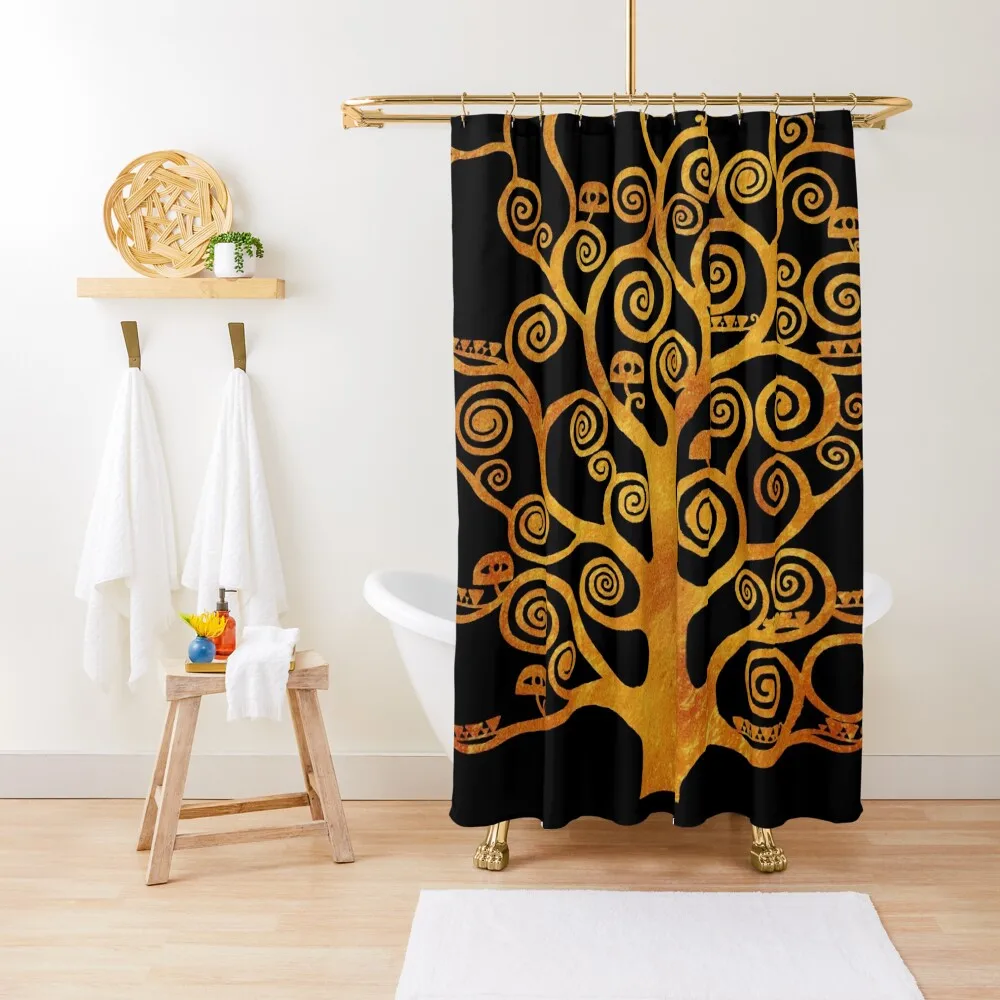 Klimt Tree Gold & Black Shower Curtain Waterproof Shower And Anti-Mold Bathroom And Shower Products Curtain