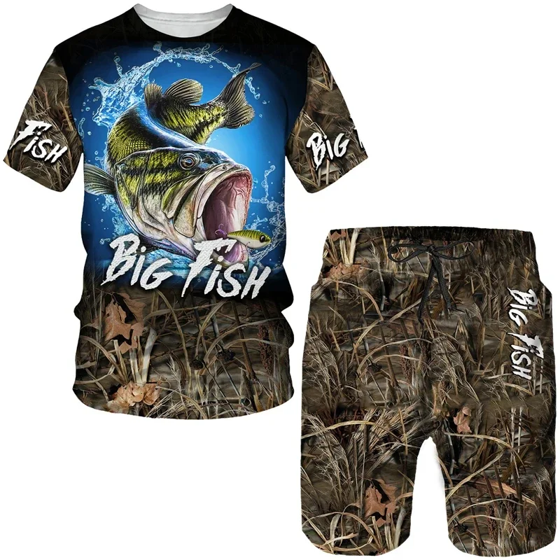 Conjunto de dos piezas para hombre y niño, Camiseta con cuello redondo, pantalones cortos, sudadera informal Harajuku, estampado de camuflaje de batalla de pesca, póker 2 piezas