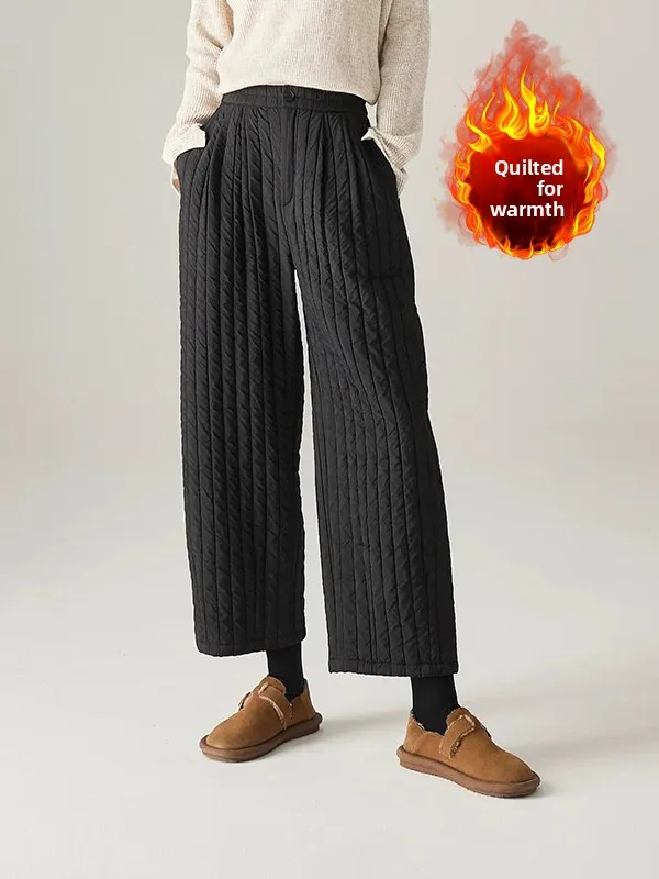 Calças retrô artísticas acolchoadas de algodão com pernas largas, cintura alta, corte reto, calças casuais, emagrecimento, calças de algodão quentes para plus S...