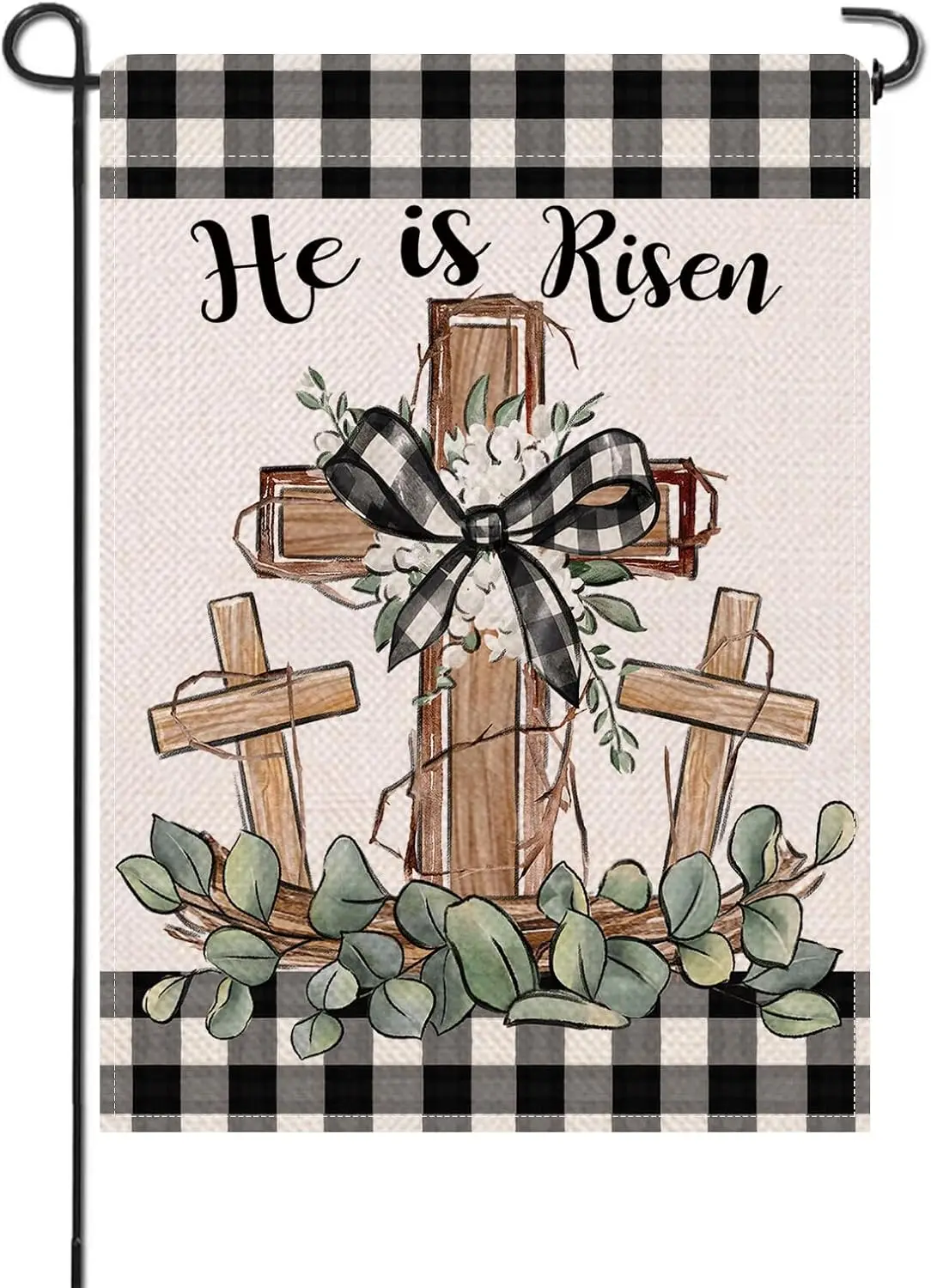 Artofy Christian Easter Cross Small Decorative Garden Flag, Religious He is Risen Buffalo Plaid Check Yard Lawn Outside Deco SSL