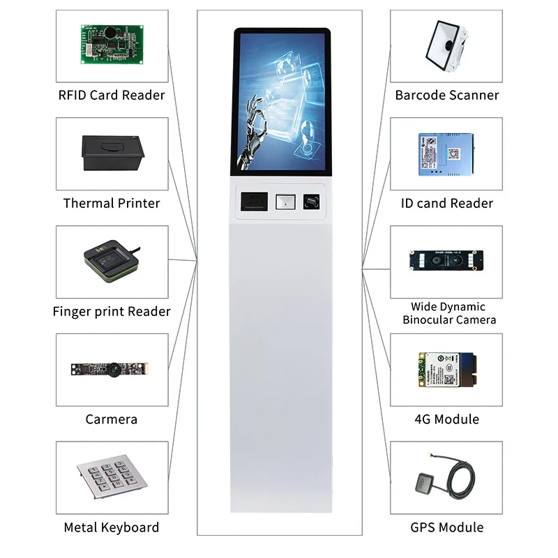 OEM 맞춤형 15.6인치, 21.5인치, 32인치, 43인치 NFC POS 주문 키오스크, 감열식 프린터 및 바코드 리더 탑재 셀프 서비스 결제 키오스크