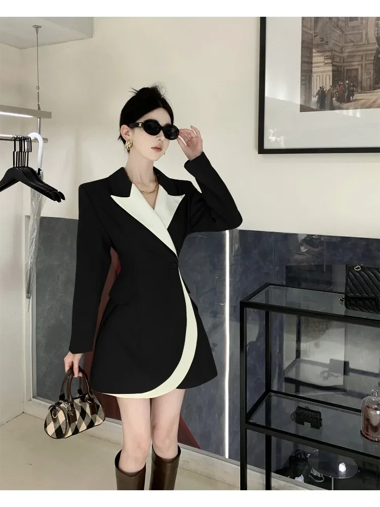 Lnsozkdg Contrasting Colors Blazer Dresses Women Notched Collar Long Sleeve Patchwork Belt Temperament Blazers Female Fashion