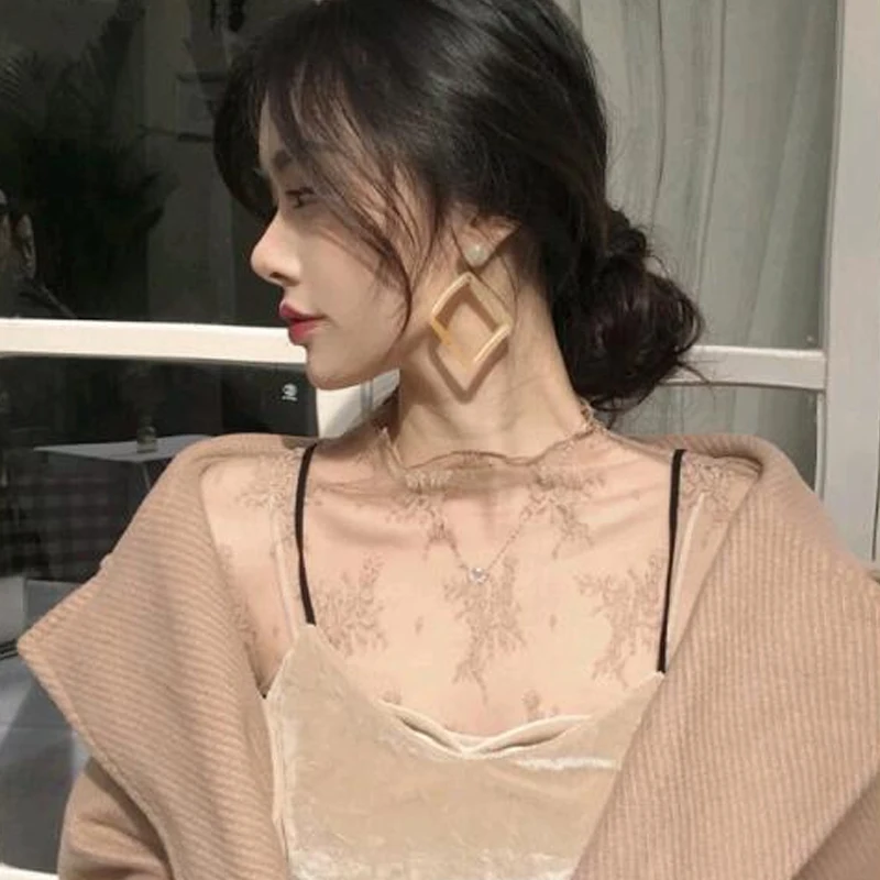 Women's Tulle Floral Lace Bottom Shirt Sexy Breathable Low Neck Long Sleeve Top Semi Transparent See Through Summer T Shirt