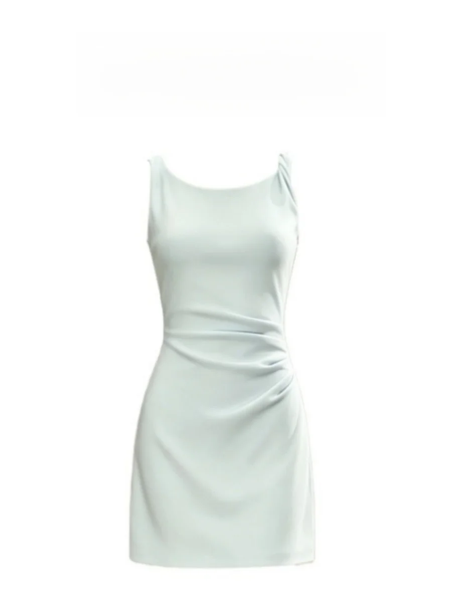 

Ms XIDU Gentle Pure Desire Knot Strap Dress Commute Pleated Waist Slim A-Line Short Skirt Casual Style Women's Dress