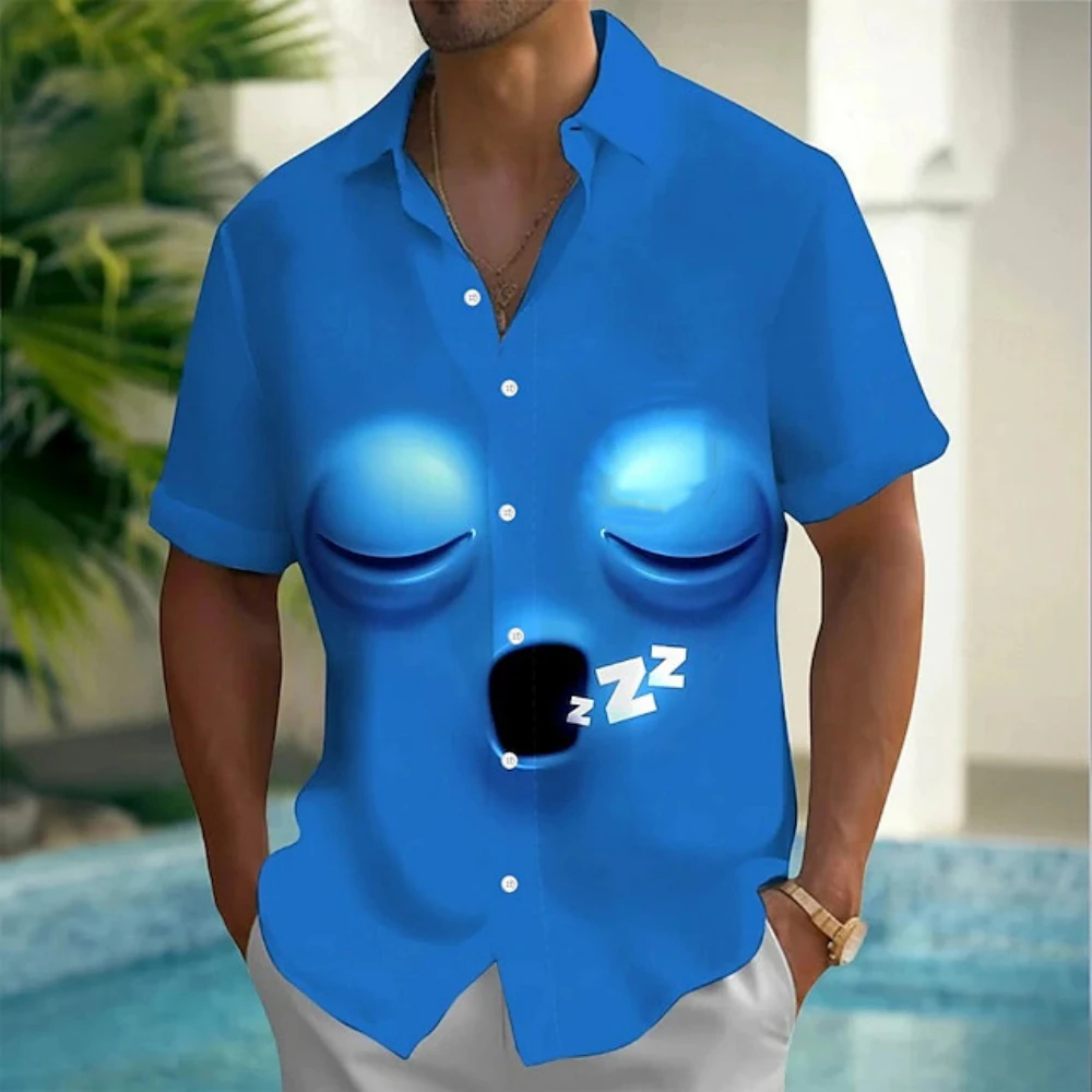 الكرتون الوجه المبتسم قميص رجالي الصيف قميص زر يصل قميص قصير الأكمام مضحك ابتسامة الجرافيك قمصان هاواي للرجال الملابس