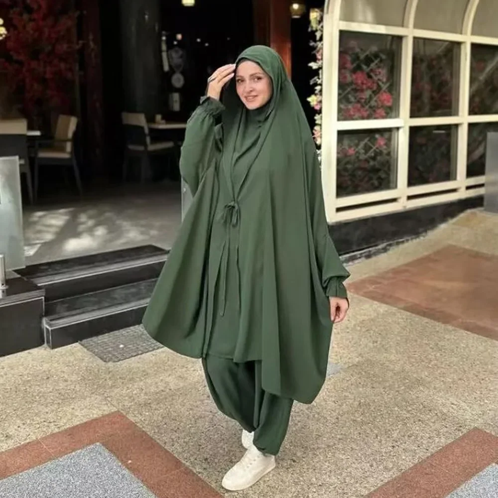 Muslim Women Prayer Garment Hooded Dress Set 2 Piece Harem Pants Khimar Robes Full Cover Ramadan Gown Abayas Islamic Niqab Arab
