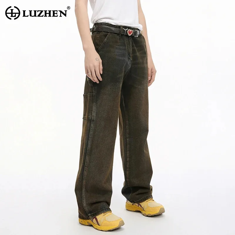 Luzhen rabisco desgastado jeans em linha reta na moda 2024 outono original americano high street moda masculina perna larga calças jeans lz6643