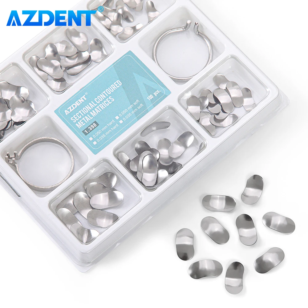 

100pcs/Box AZDENT Dental Matrix Sectional Contoured Filling Molding Sheet 1.398 Metal Matrices Band Forming Clip