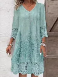 2024 Spring Summer New Women's Solid Color Fashion Lace Hollow Lace Sexy V-neck Casual Button Seven Sleeve Mid Length Dress