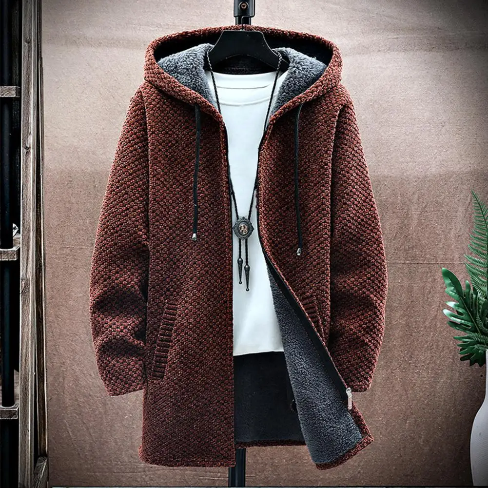 Otoño Invierno suéter con capucha grueso cordón forro de felpa chaqueta de punto de longitud media chaqueta de suéter con capucha de punto a prueba de viento