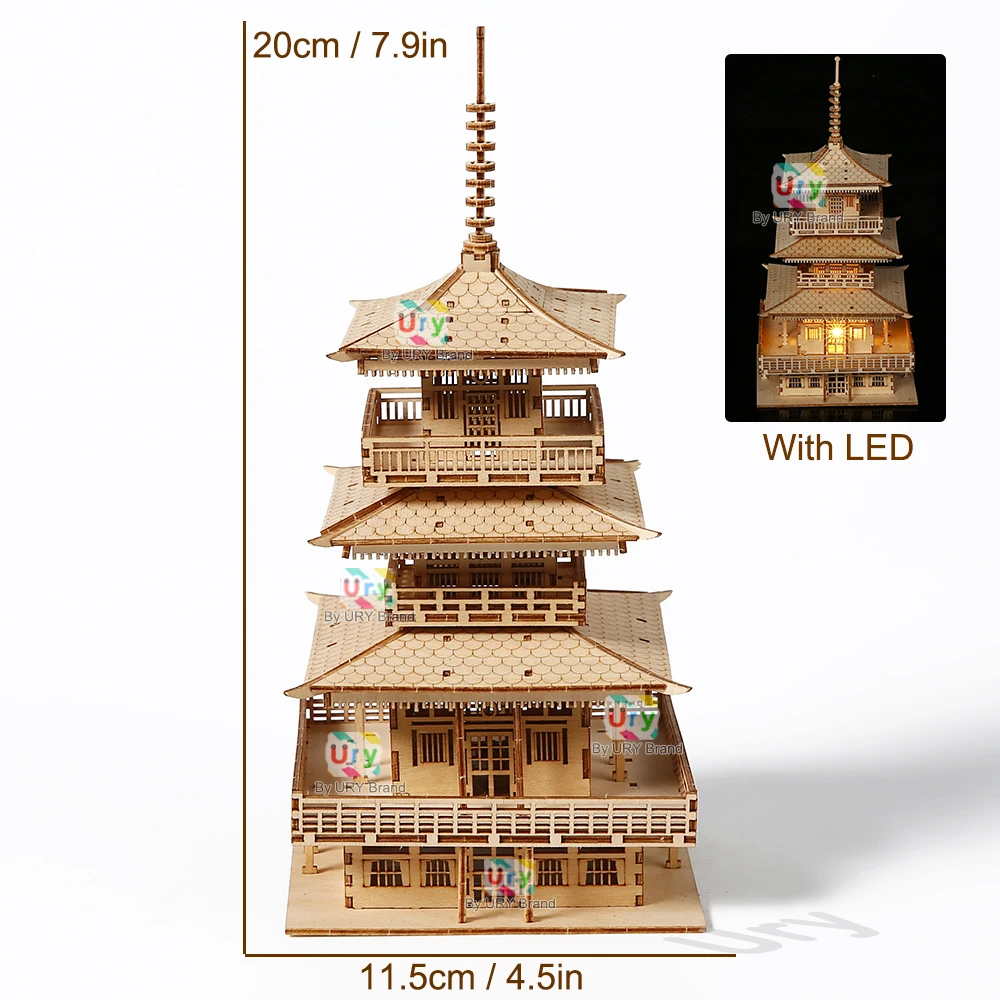 URY 3D木製タワー古代パゴダ中国伝統パズルライト付きDIYモデルゲーム組み立てデスクトップおもちゃ子供大人向けギフト