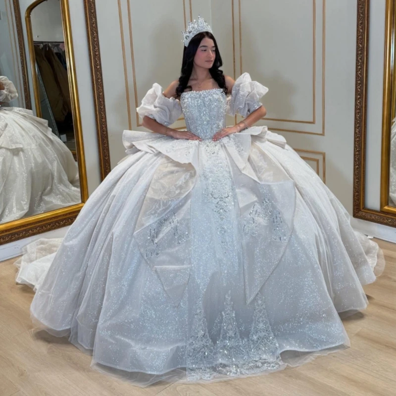 

White Shiny Quinceanera Dresses Ball Gown Off The Shoulder Beads Sequin Applique Lace Tull Corset Party Birthday Sweet 16 Vestid