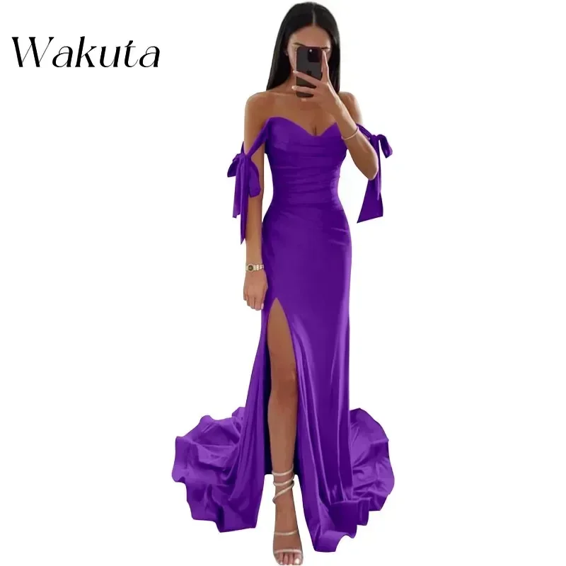 Wakuta Fashion Off spalla abiti da damigella d'onore in raso con spacco increspato sirena Prom Robe corsetto festa formale Vestidos De Fiesta