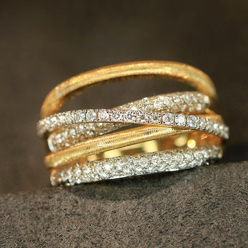 Aazuo Vintage Jewelry 18K Yellow Gold Real Diamond 0.75ct Lines Ring Gift For Women Luxury Engagement Halo anillos mujer Party