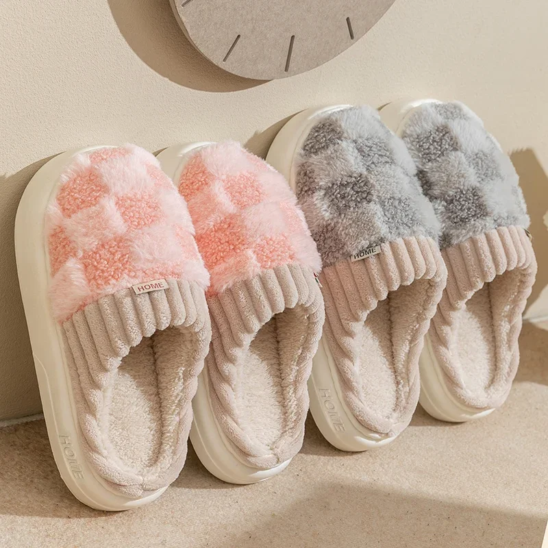 Fashion Couple Winter Toe Wrap Warm Plaid Cotton Slippers Thick Soft Sole Non-slip Slides Men Women Indoor Floor Flat Home Shoes