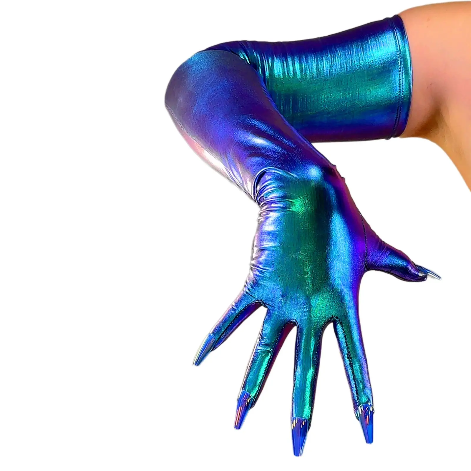 DooWay HOLOGRAPHIC NAIL GLOVES Metallic Shiny Blue 70CM Long TECH Thin Elastic Holo Liquid Gothic Evening Party Glove with Nails