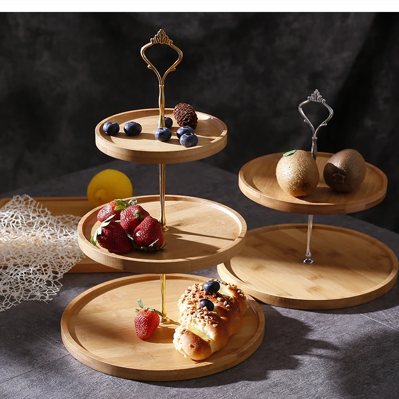 European Bamboo and Wood Three-layer Fruit Snack Tray with Shelf Modern Home Multi Afternoon Tea Candy Cake Dessert Frame