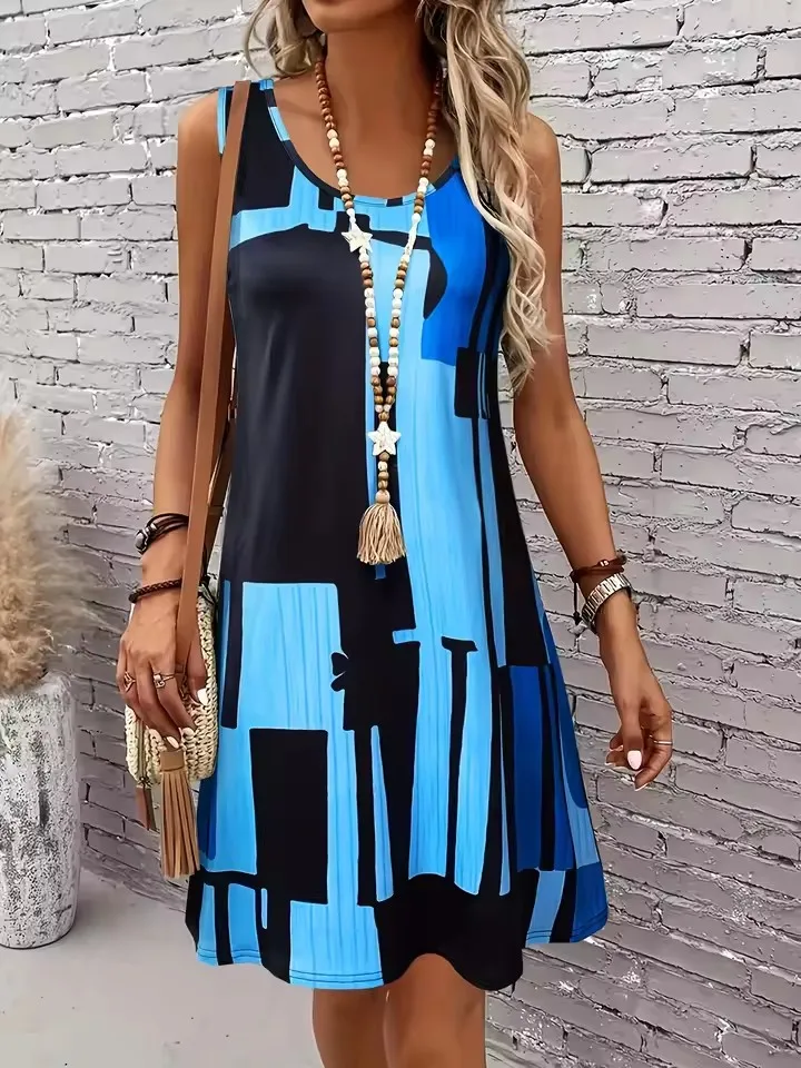 2025 nieuwe mode damesjurk casual strand ronde hals mouwloze losse jurk zomer damesvest gestreepte print jurk zonnejurk
