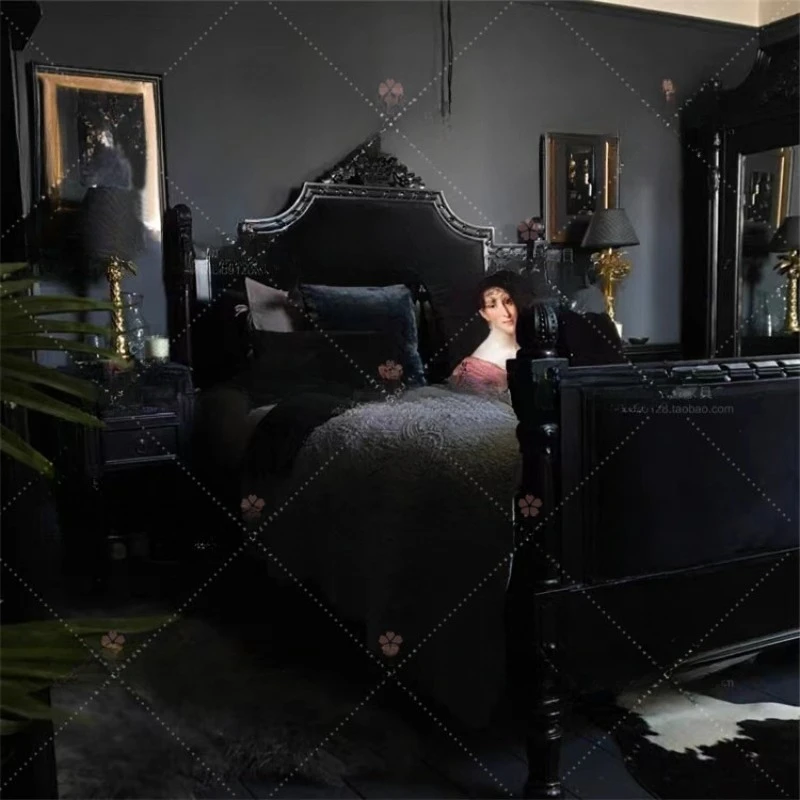 French retro black velvet solid wood master bedroom double wedding bed, American light luxury carved soft bed