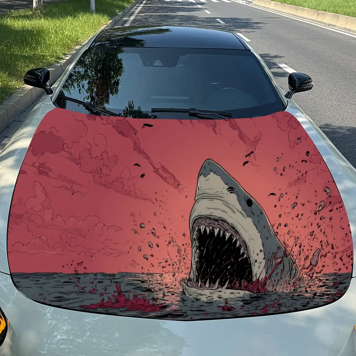 Car Decals Shark Attack with Bloody Splash Car Hood Sticker, Waterproof Self - Adhesive Vinyl Graphics Decals, Decorative Protec