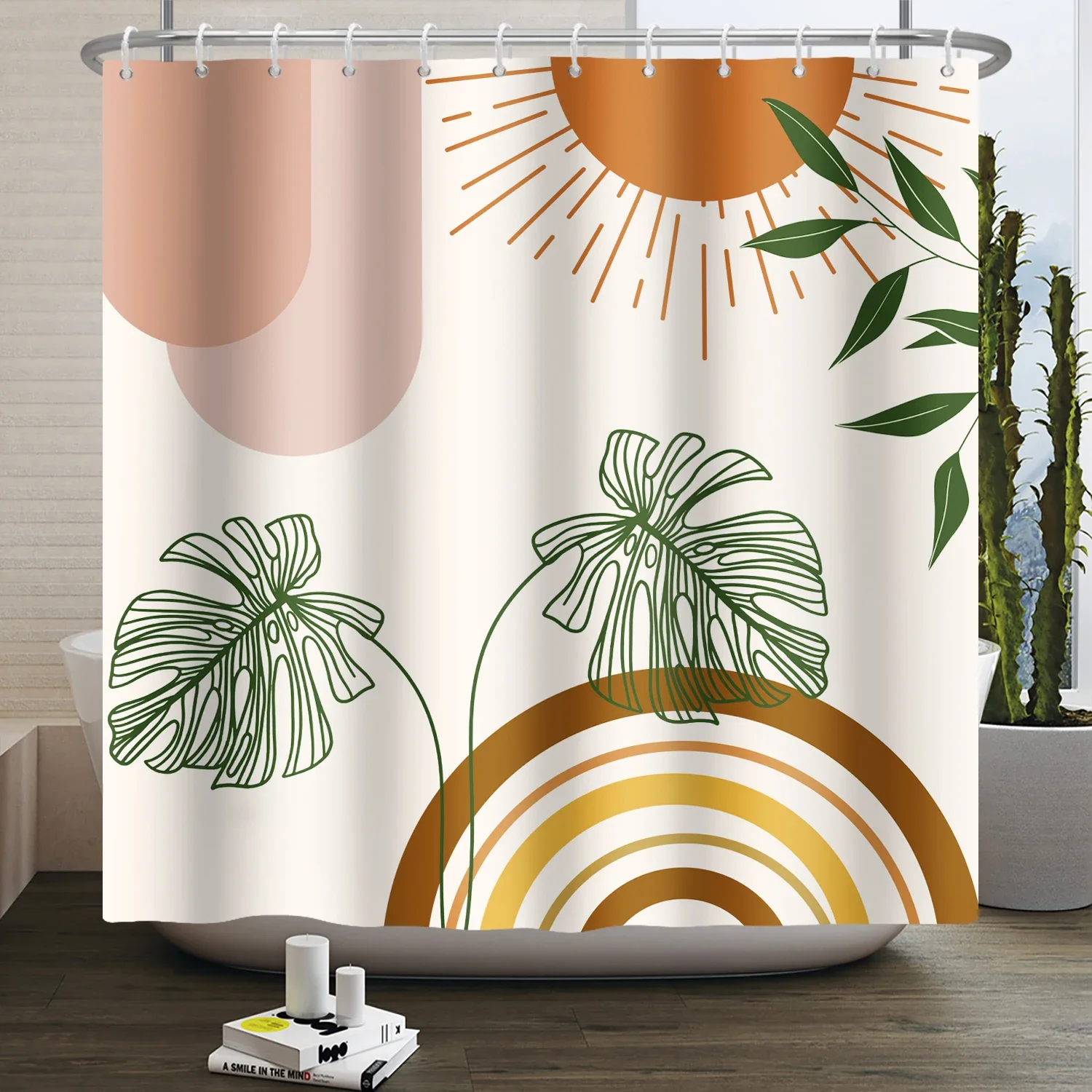 Mid Century Boho Shower Curtain for Bathroom Cat Modern Abstract Geometry Arch Sun Aesthetics Bohemian Shower Curtain Waterproof