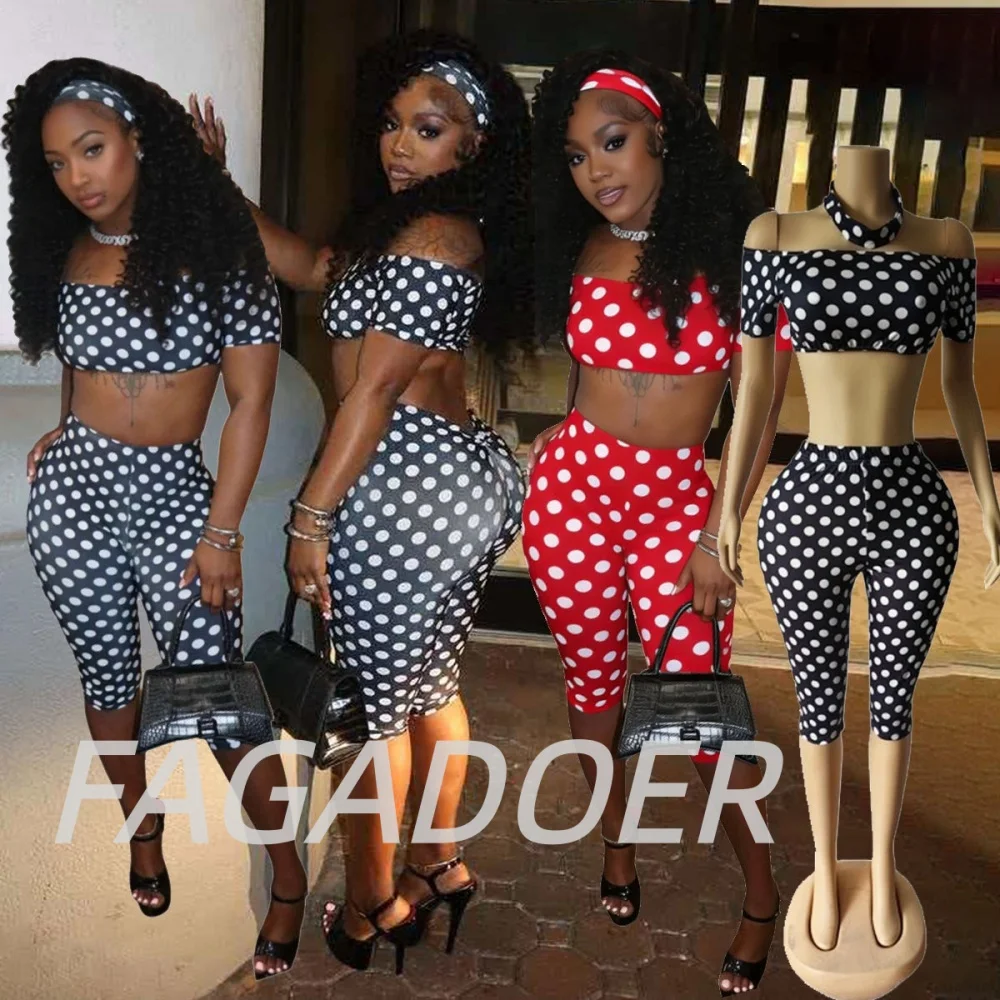

FAGADOER Sexy Polka Dot Print 2 Pieces Set for Woman Off Showlder Sleeveless Backless Crop Top+Pants Female Streetwear Clothing
