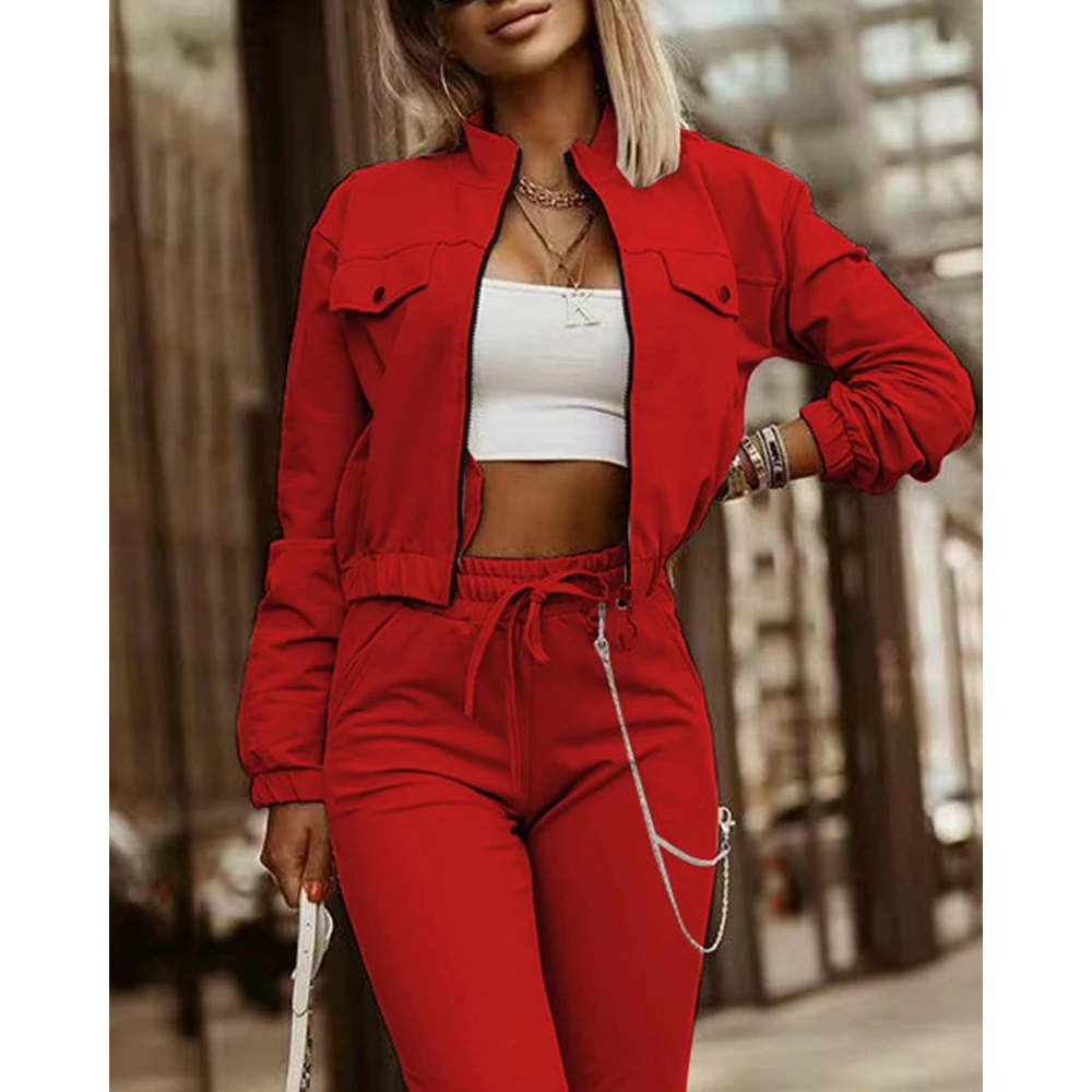 Women Pocket Design Long Sleeve Coat & Drawstring Zipper Fly Decor Skinny Pants Set Casual Two Pieces Sets Autumn Outfits Y2k