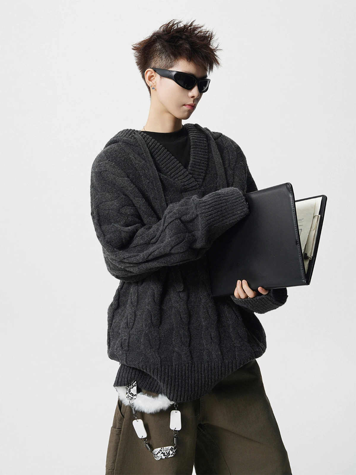 2025 Autumn Winter American Retro Wheat Pattern Black Knit Sweater Men's High Street Loose Casual Khaki Gray Hooded Sweater