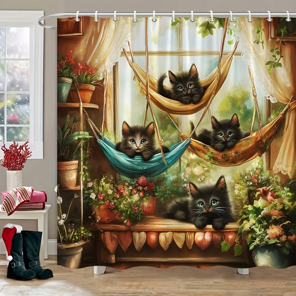 

Занавеска для душа с изображением черного кота и цветка, моющаяся грязеотталкивающая насадка для душа, водонепроницаемая полиэстеровая занавеска для ванны