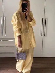 HH Summer Fashion Yellow Striped 2 Piece Pants Set Long Sleeves Lapel Blouse+Drawstring Straight Pants Female Causal Suit