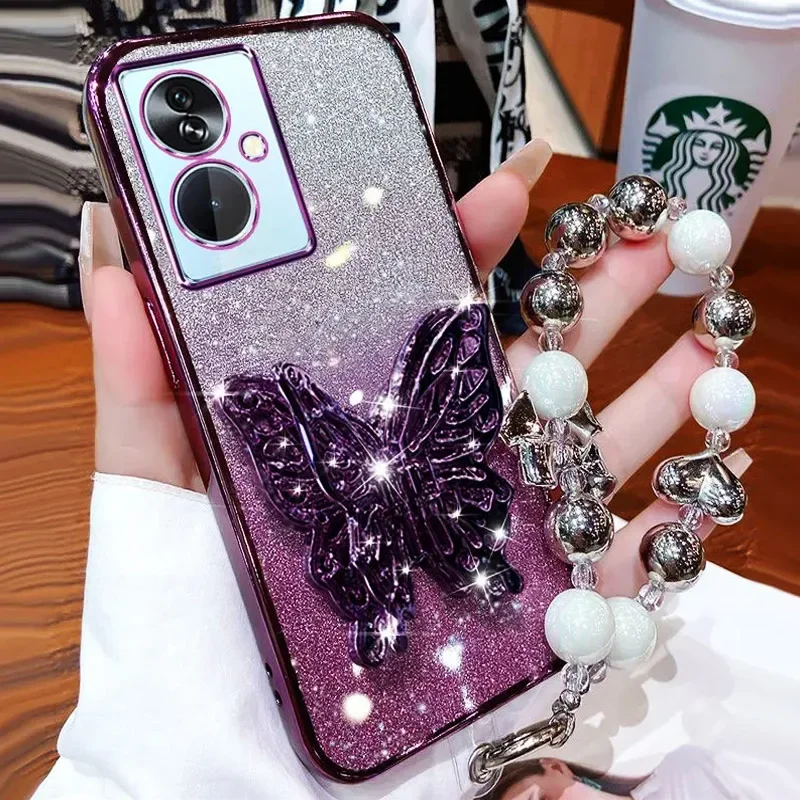 3D Butterfly Phone Holder Bead bracelet Glitter Case for Motorola Moto G85 G 85 G84 G83 G04 G14 G24 G34 G54 G73 E14 Stand Cover