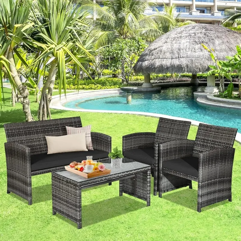 Rattan Patio Furniture Set, Outdoor Wicker Conversation Sofa with Weather Resistant Cushions and Tempered Glass Tabletop