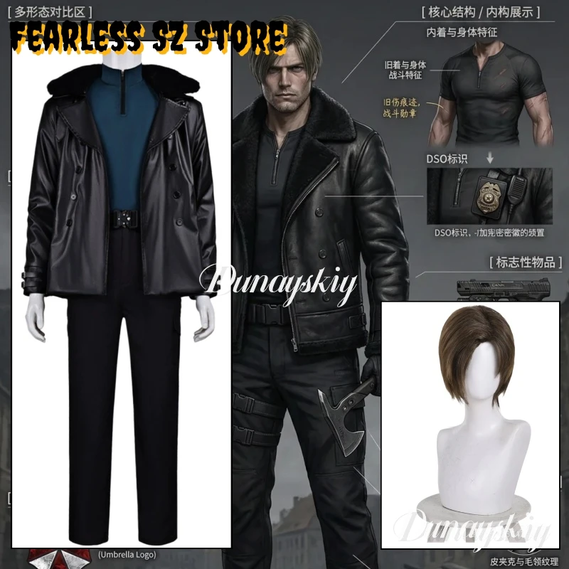 

New Residentttt 9 Leooon Requiem Cosplay Costume Man Scott Kennedyyy Pu Coat Top Pants Full Set Halloween Outfit Custom Made