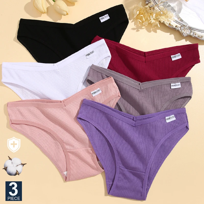 FINETOO 3PCS/Set Cotton Panties Female Underpant Sexy Panties Women Briefs Soft Underwear Plus Size Solid Color Pantys Lingerie