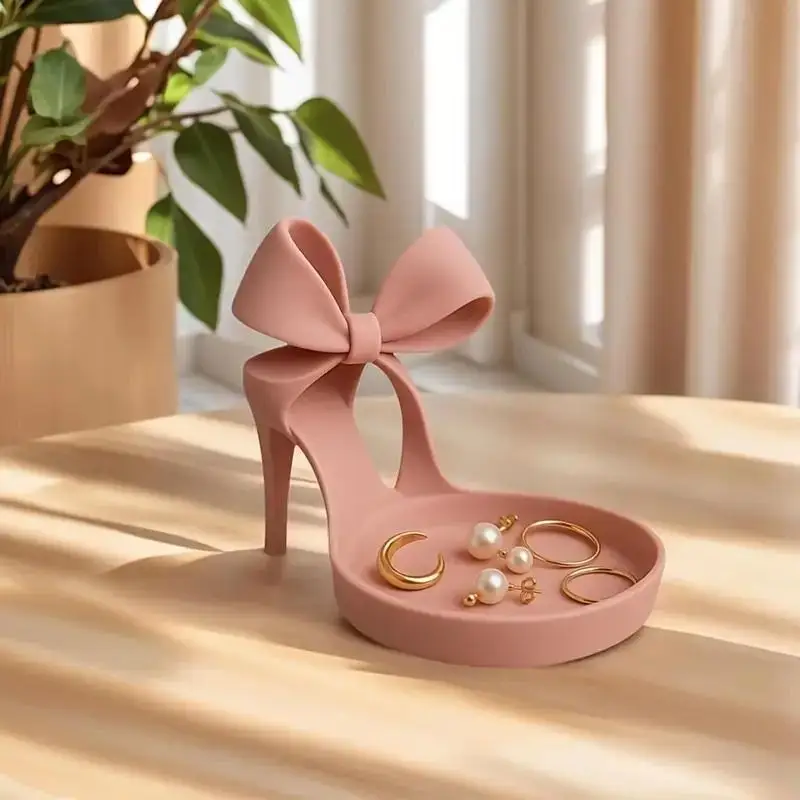 

3D Printed Elegant High Heel Jewelry Holder Shoe-Shaped Tray With Bow Decoration Ring Storage Accessory