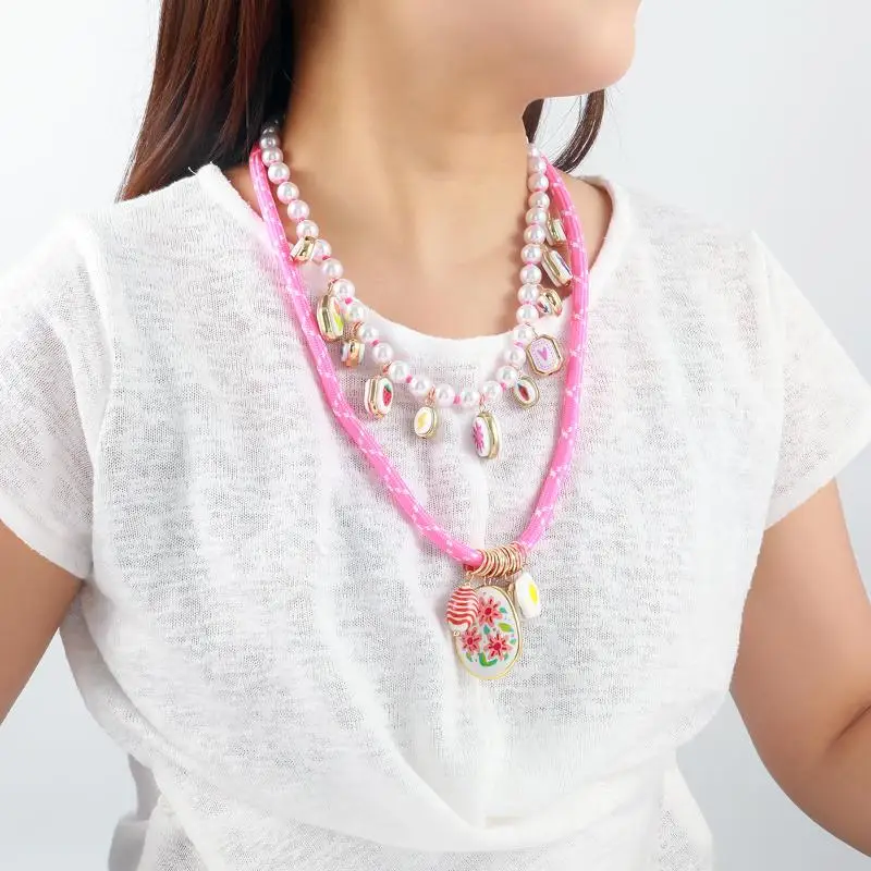 تقليد اللؤلؤ حبة سبيكة الأسماك الصغيرة وزهرة هندسية قلادة طبقة مزدوجة قلادة مجموعة للنساء مجوهرات هدية