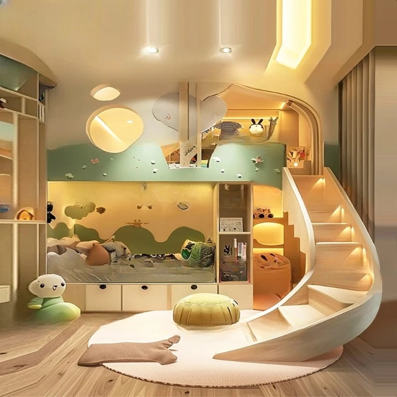 rumah bermain anak, tempat tidur tingkat anak laki-laki dan perempuan, tempat tidur rumah pohon hijau, tempat tidur tingkat hutan angin