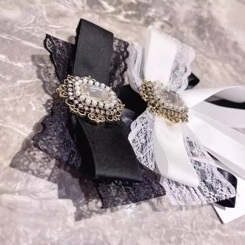 New Black Memorial Black Bowknot Brooches Fabric Lace Crystal Rhinestone Bow Tie Brooches Collar Pin For Funerals and Mourning