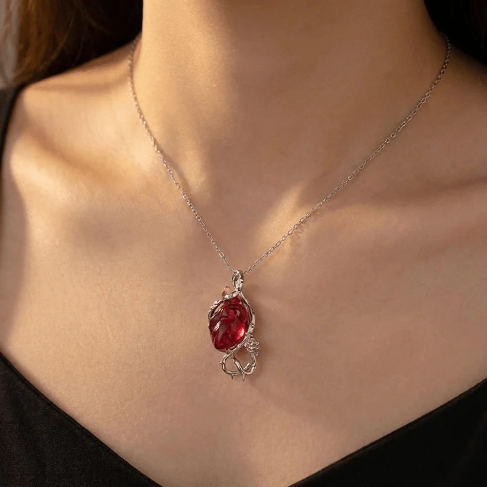 Stainless Steel Heart Pendant Necklace Dark Red Crystal Openable Coffin Skull Choker Punk Skull Thorn Vine Flower