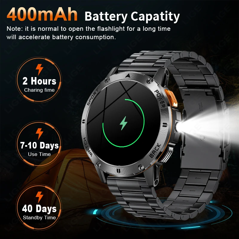 LIGE กลางแจ้ง Smartwatch ผู้ชาย 1.53 HD ไฟฉาย LED เข็มทิศ 400mAh สมาร์ทนาฬิกา BT Call IP68 กันน้ํากีฬา Heart Rate นาฬิกา