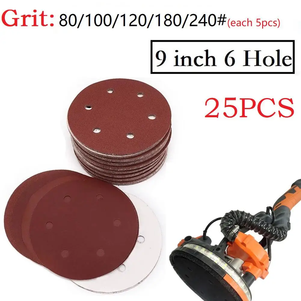 

25PCS 9inch 225mm Sanding Discs 6 Hole Sandpaper Sanding Paper 80-240 Grit Sanding Disc Abrasive Polishing Tools