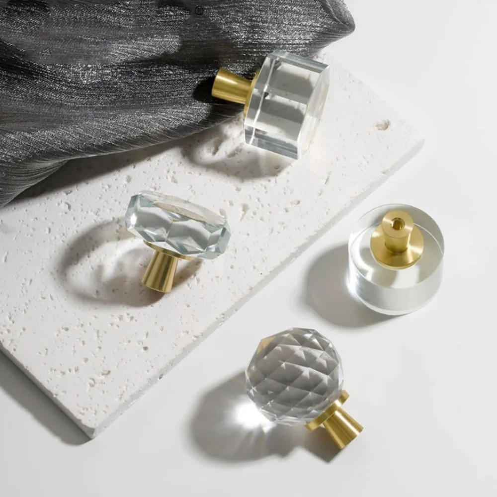 Modern Fashion Solid Brass With Glass Crystal Cylindrical Diamond Octagonal Shape Glass Crystal Drawer of Cabinet Cupboard Knob